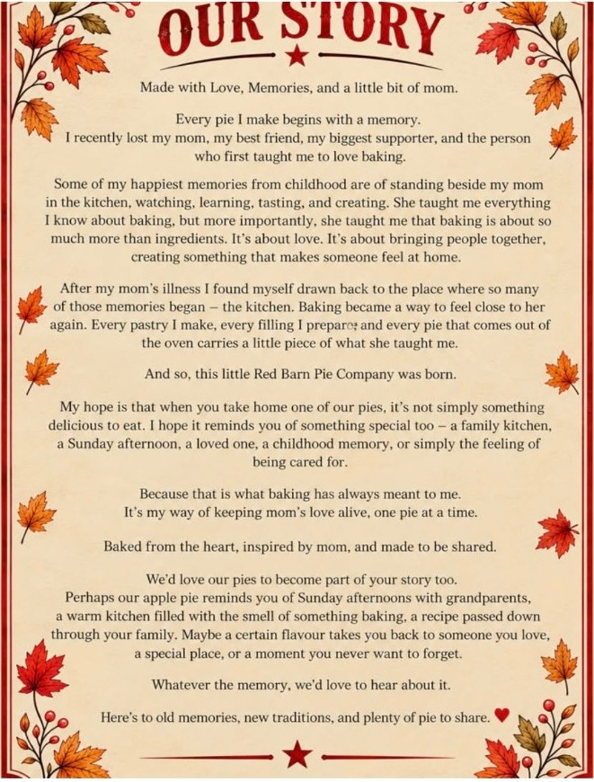 Red Barn's Our Story artwork, framed with autumn leaves and a vintage red border